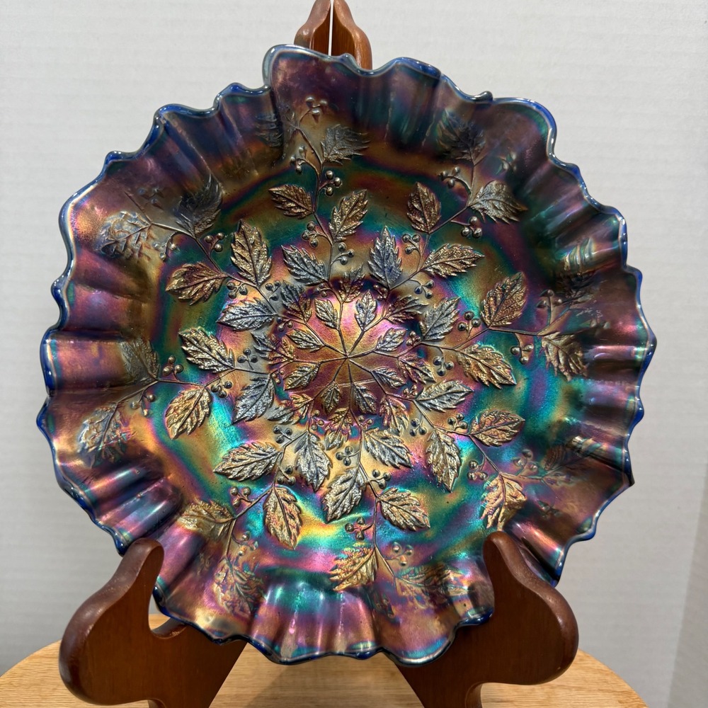 Fenton Holly Carnival Glass Bowl 8.5" Cobalt Blue‎ Iridescent Ruffled Vintage